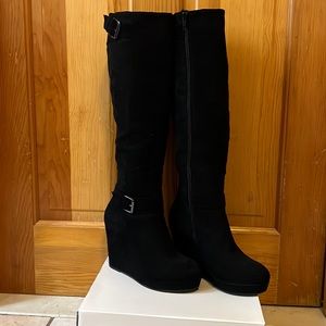 Wedge Knee High Black Suede Boot